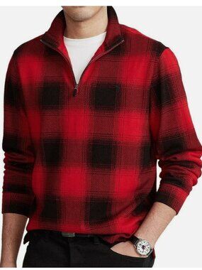 Polo Ralph Lauren Tartan Plaid Red Black Plaid Quarter-Zip Sweater Size S Preppy